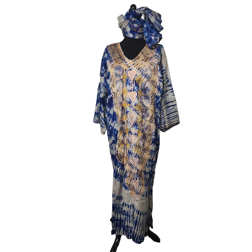 Blue, White & Gold Long Tie Dye‎ Print Kaftan Boho
